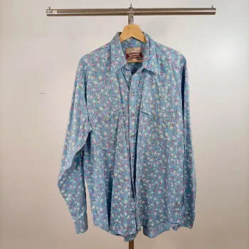 Chemise vintage fleurie Cordovan taille L bleu ciel à fleurs roses coupe droite A1496