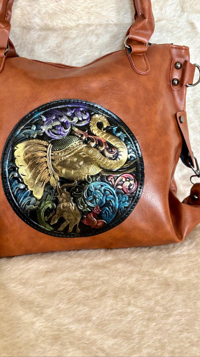 Sac bohème chic marron simili cuir éléphant gravé style ethnique voyage original neuf - photo numéro 6