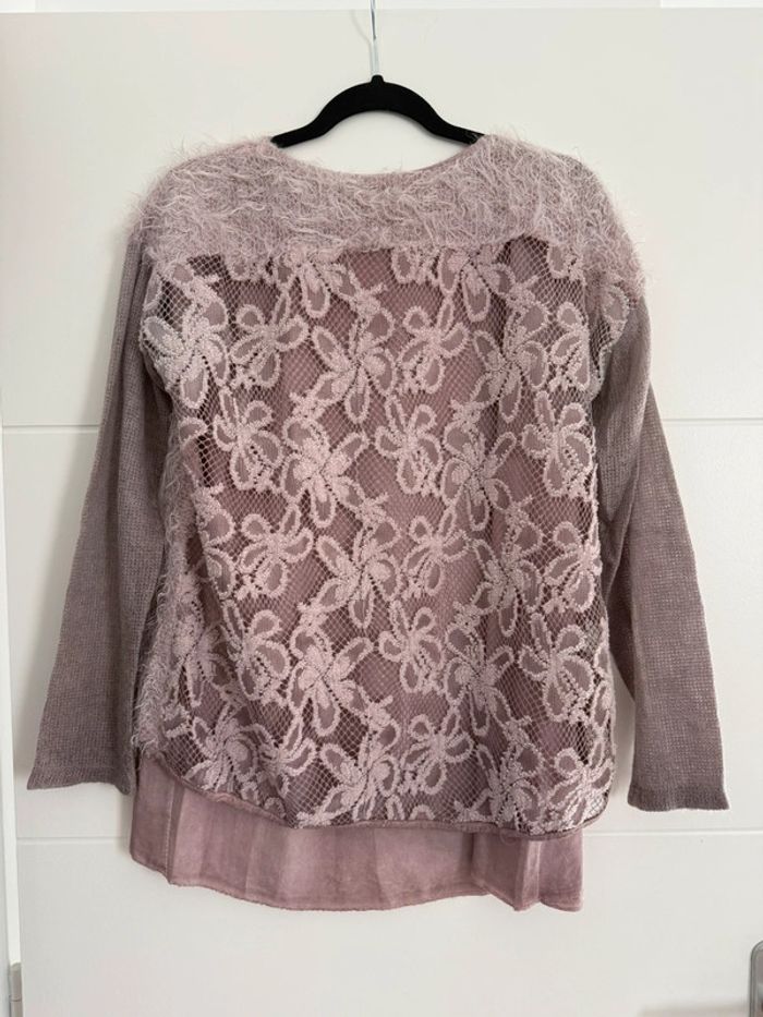 Pull rose maille sweater maglione suéter trui Sweat-shirt haut sweat t-shirt manches folder crochet - photo numéro 6