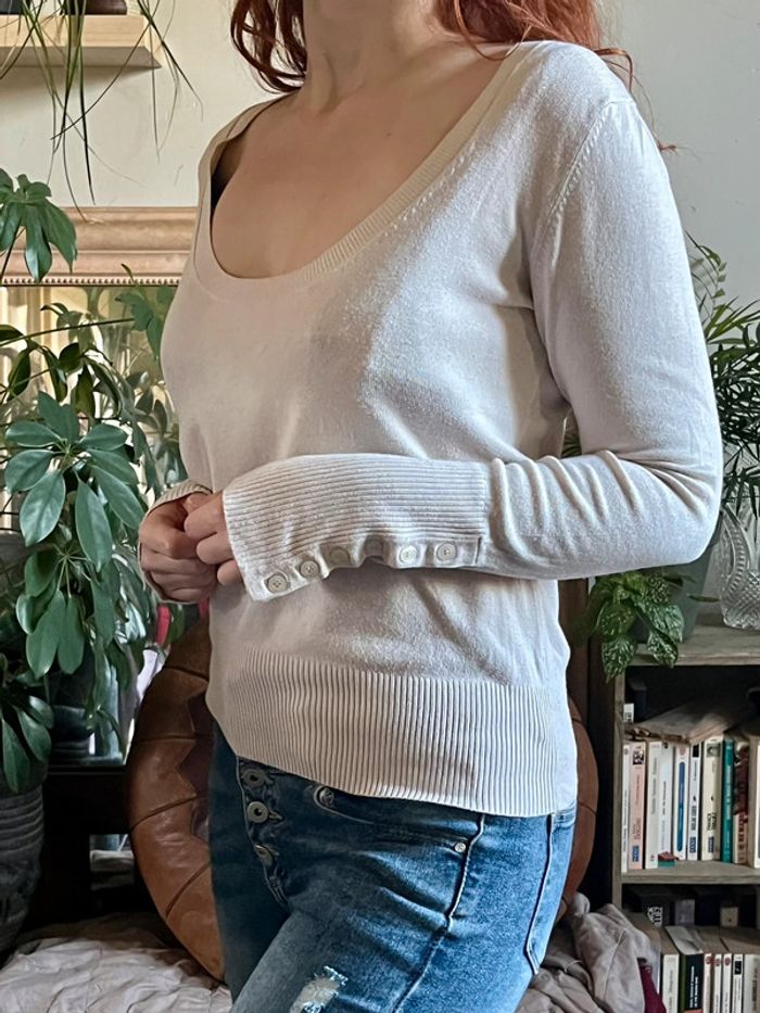 Haut fluide manche longue grand décolleté rond - blanc crème - photo numéro 8