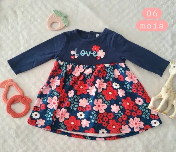 Robe à manches longues marine et rouge fleurie 06mois