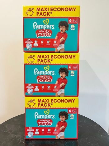 🔹3 Packs Pampers Baby-Dry Pants Taille 6 Maxi Economy – 222 pants – Neufs scellés 13–27 kg