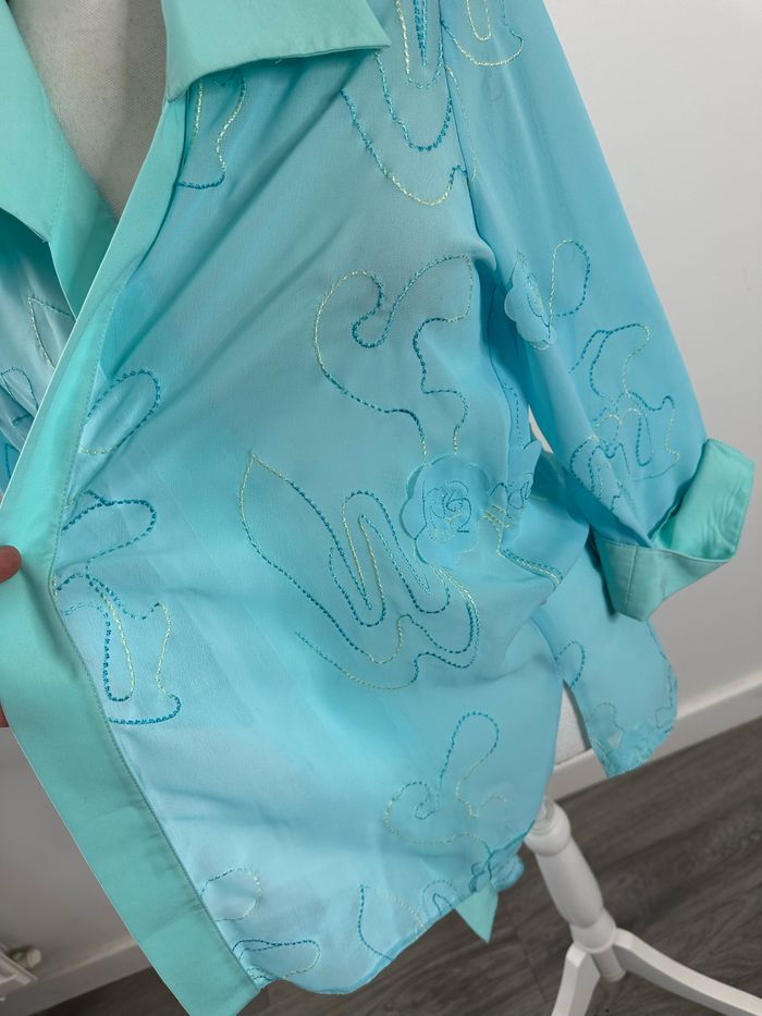 Kimono blouse broderies fleurs bleue turquoise Vintage T40 L