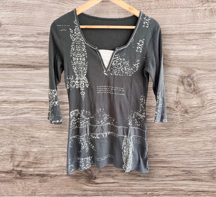 Blouse manches 3/4 noir gris vintage taille 36 S - photo numéro 2