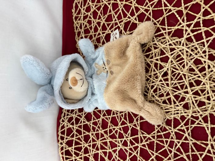 Doudou plat ours déguisé en lapin beige bleu GRAIN DE BLE - photo numéro 2
