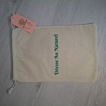 Pochon en coton 20x30cm crème avec inscription en vert pailleté - NEUF - Déesse au Naturel