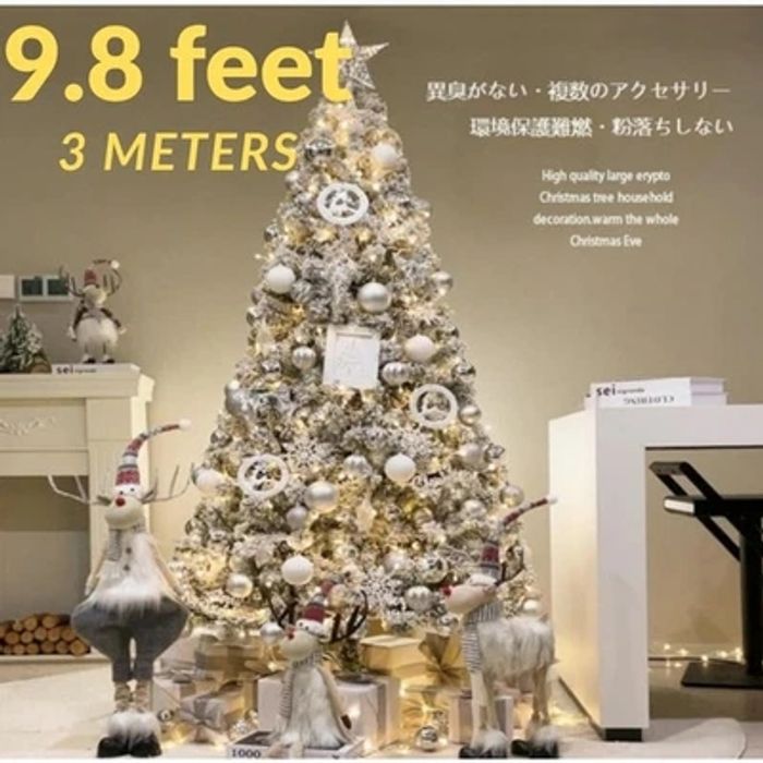 Sapin de Noël avec flocons de neige, lumières LED et ensemble de décorations (3 m 9,8...