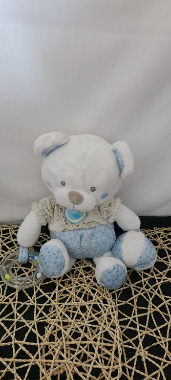 Doudou ours blanc beige bleu pois balle hochet MOTS D'ENFANTS