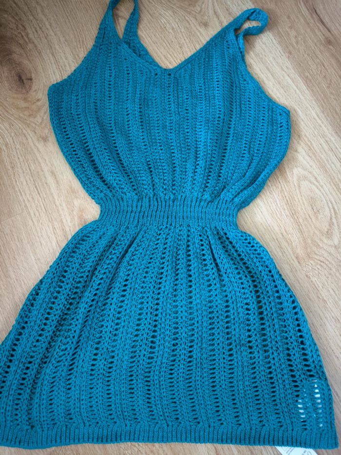 Robe cover up en v en tricot ouvert bleu vert taille M (38) neuf - photo numéro 3