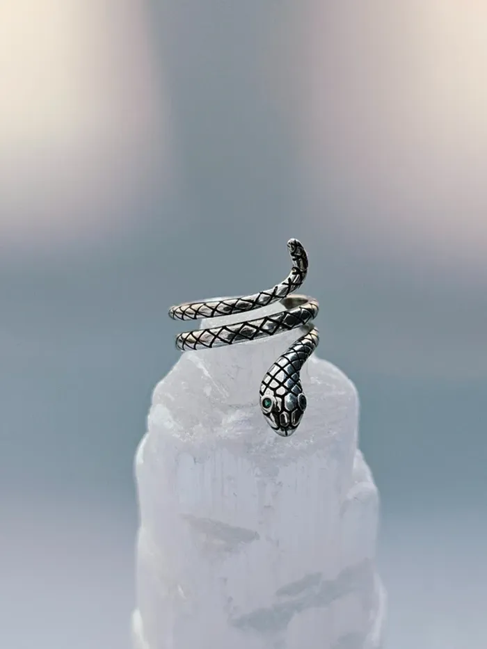 Bague acier inoxydable serpent enroulé yeux verts ajustable