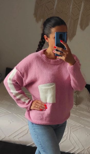 Magnifique pull loose rose bonbon blanc Balance ton pull avec poche taille unique comme neuf