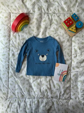 teeshirt manches longues bleu inscription devant 12 mois NPO