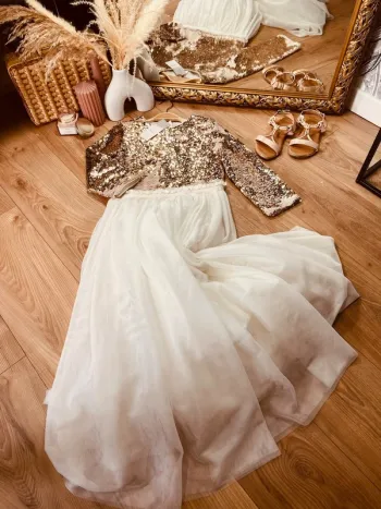 Taille 10 ans Robe longue créateur fille TAO blanche doré * tulle sequins réversibles * 🌺