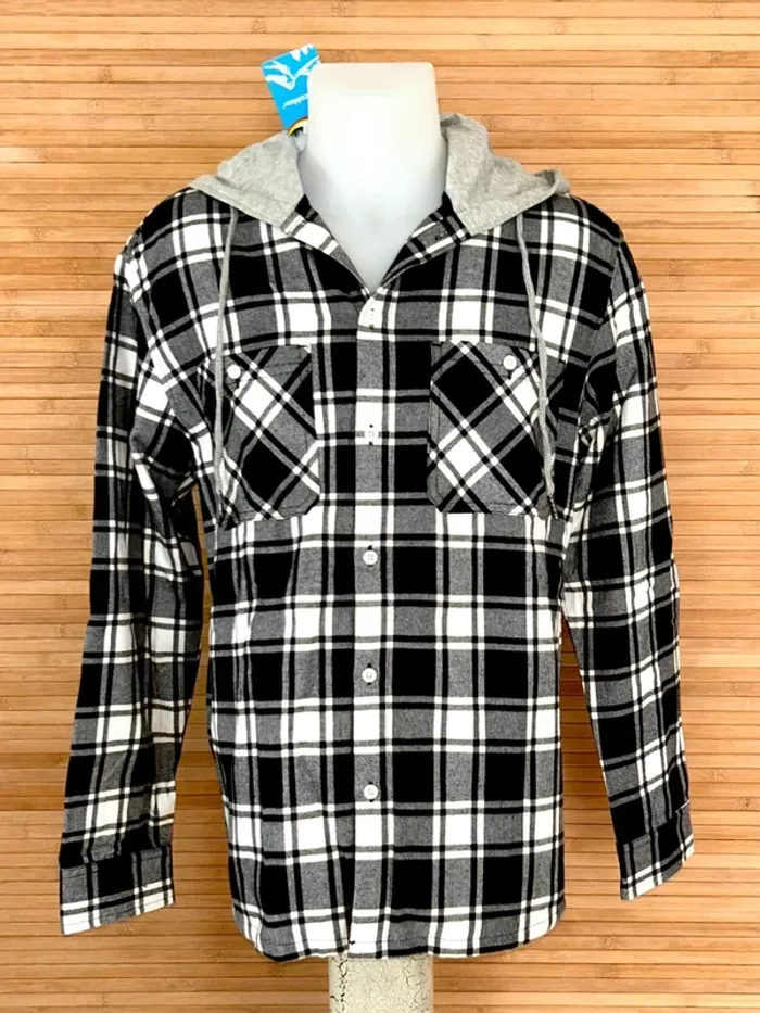 Chemise-veste en flanelle à capuche pour homme noir et blanc taille S