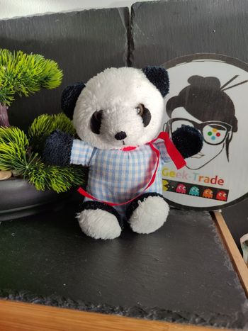 Doudou Ancien Peluche panda Ours Blanc Noir Bleu Carreaux Vichy Vintage DD000528