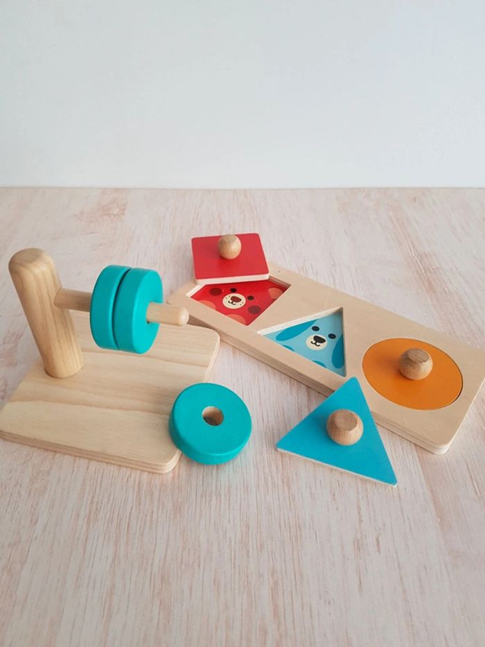 Puzzle trio Djeco et jeu disques à enfiler en bois - photo numéro 3