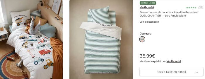 Housse de couette + taie + drap housse Quel chantier Vertbaudet Taille 150 x 140 - photo numéro 3