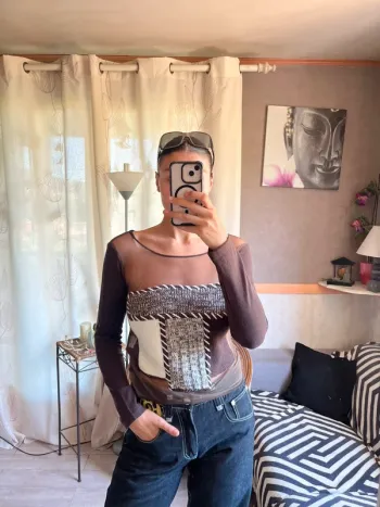 Top laine mesh bi matière asymétrique grunge y2k 2000yer
