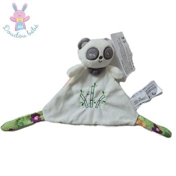 Doudou plat Panda blanc vert bambous fleurs SHIMA