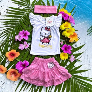 ENSEMBLE 3P FILLE MOTIF FANTAISIE DÉTAIL VOLANTS SOIT JUPE + HAUT + BANDEAU 2A
