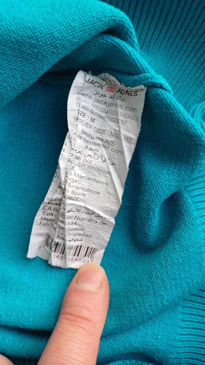 Pull à col V léger bleu turquoise Jack and Jones homme taille M logo brodé - photo numéro 8