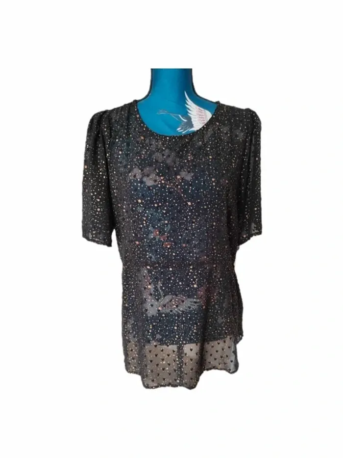 Blouse péplum noire cœurs et pois métallisés cuivrés - photo numéro 2