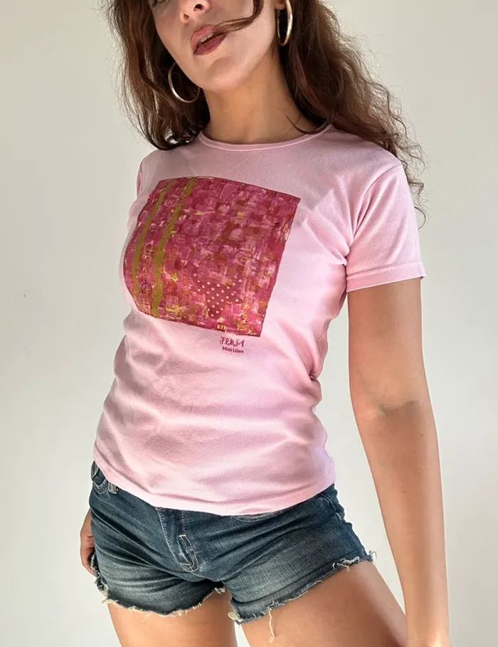 T shirt vintage y2k années 2000 en coton rose à motifs taille S/M - photo numéro 2
