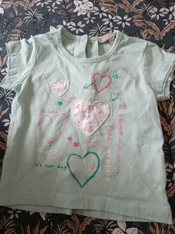 Tee shirt grain de blé 74cm turquoise petits coeurs
