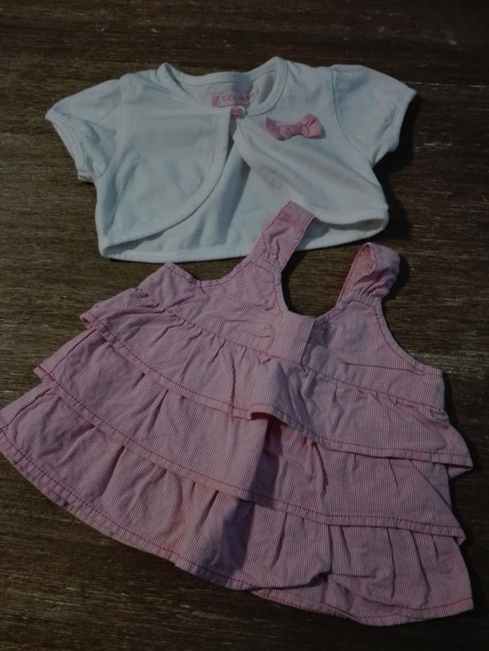 Ensemble mariage tunique volants froufrou rayures et gilet rose blanc été bébé fille 12 mois NEUF
