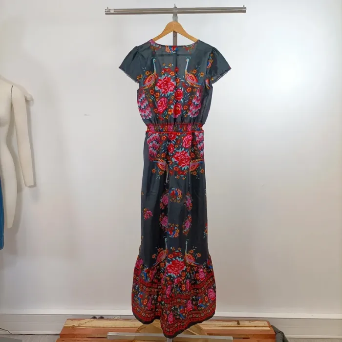 Robe longue bohème grise à fleurs multicolores taille S style ethnique été fluide A1334 - photo numéro 7