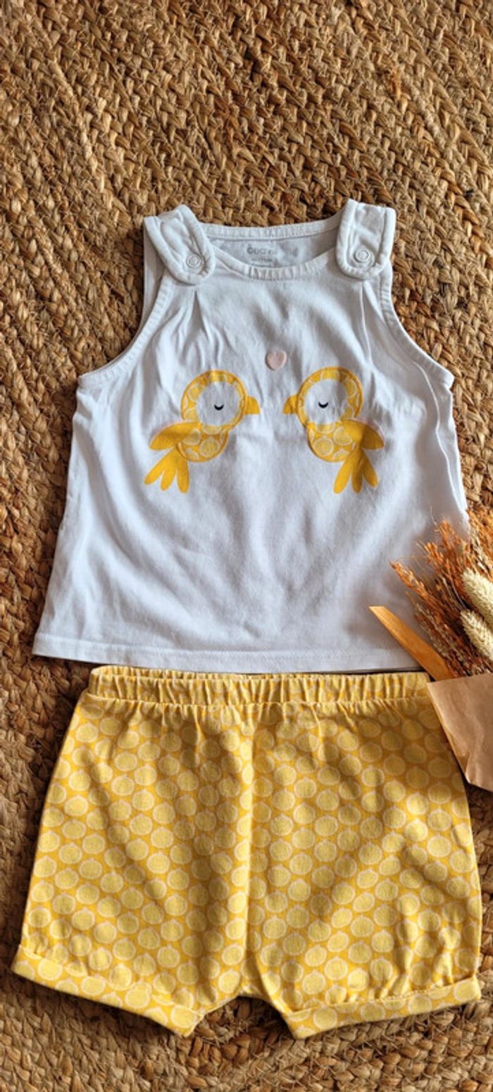 Magnifique Ensemble Short et Débardeur blanc jaune citron 🍋 perroquet Obaïbi 9mois comme neuf - photo numéro 3