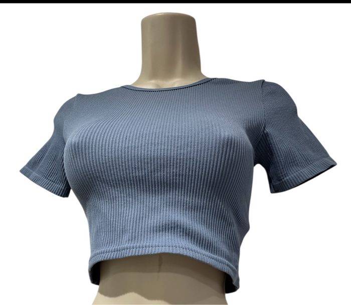 T-shirt taille S/36 CROP top gris bleu tally - photo numéro 4