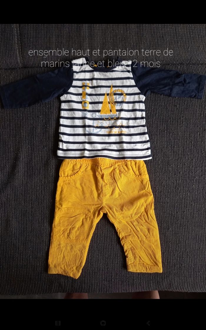 Ensemble haut et pantalon  jaune et bleu rayé