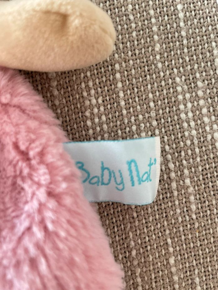 Peluche doudou plat 24cm Baby Nat Lapin beige et rose poudré clair très bon état - photo numéro 4