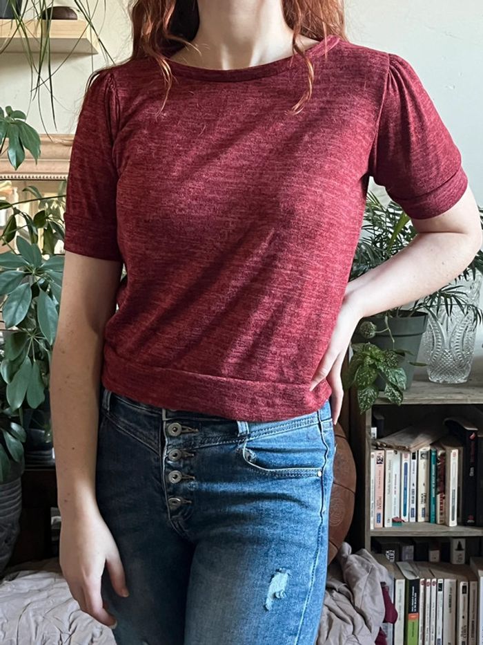 T-shirt crop top épais avec effet épaulettes - rouge foncé - photo numéro 2