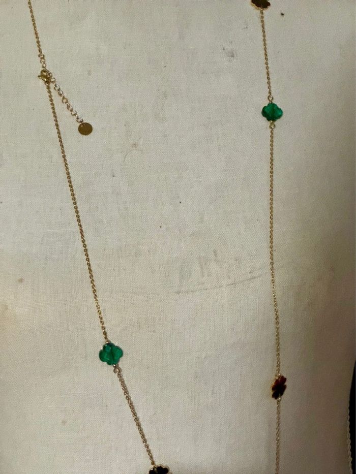 Collier sautoir long réglable acier inoxydable or trèfles doré et vert - photo numéro 4