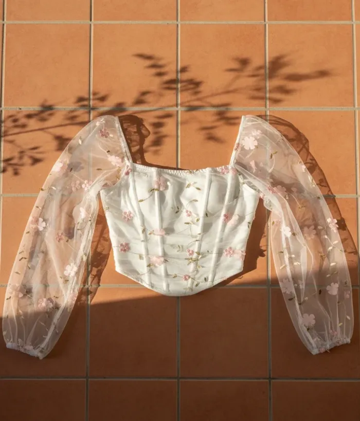 Corset manches longues transparentes fleuries, blanc rose, taille S, style romantique chic