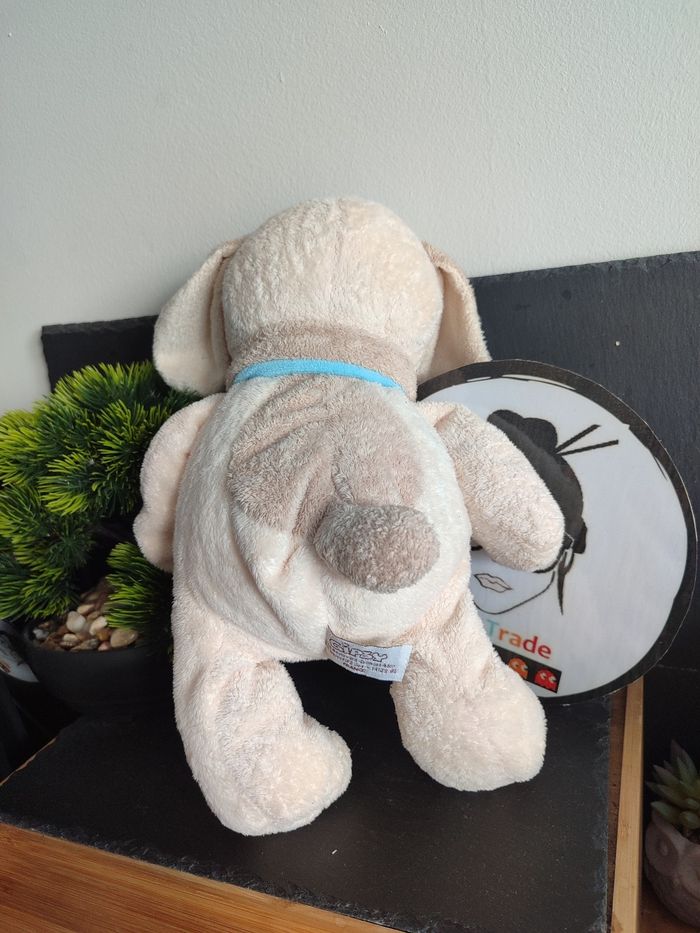 Doudou chien écru beige bleu écharpe peluche marron tache gipsy Ancien Pe0265 - photo numéro 2