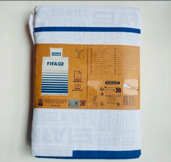 Ensemble de lit 1 personne FIFA, 100% coton blanc et bleu marine - photo numéro 3