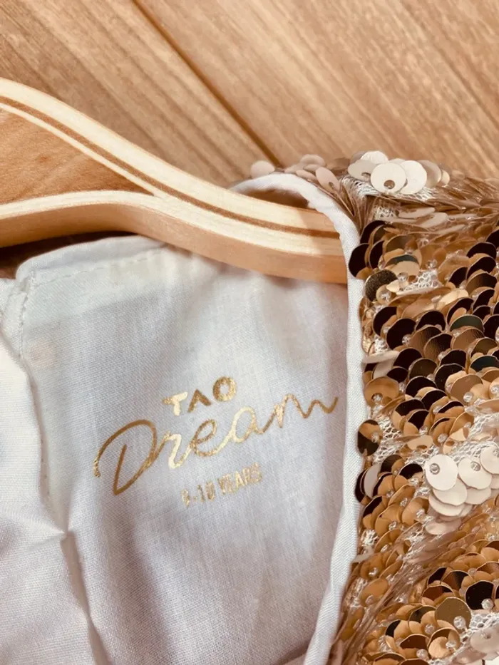 Taille 10 ans Robe longue créateur fille TAO blanche doré * tulle sequins réversibles * 🌺 - photo numéro 4