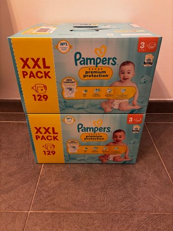 Lot de 2 XXL Pack de 129 Couches Pampers Protection Premium Neuf Dans L’emballage    - Taille:  3  ( 6-10 Kg ).