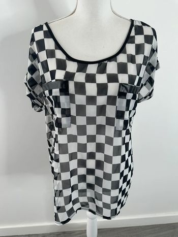 Blouse transparente damier noire et blanche Y2K T42 XL