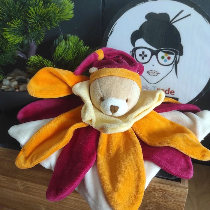 Ours Fleur Orange et Framboise Doudou et Compagnie Pétale Jaune Rose orange Bordeaux