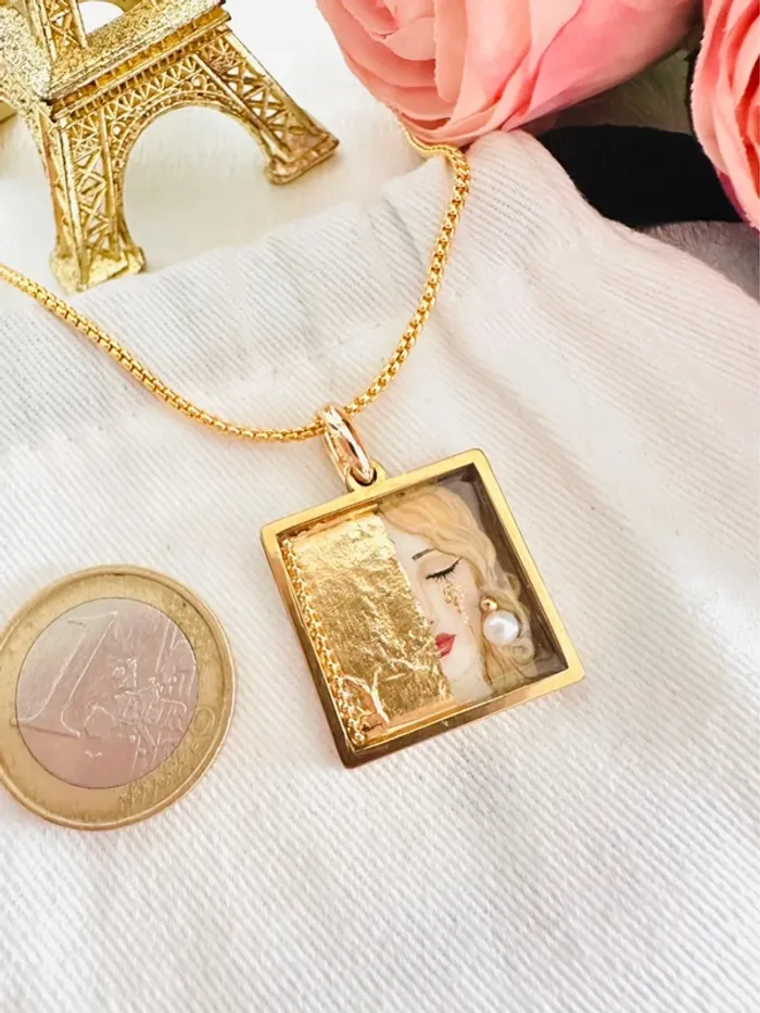 🥲Collier artisanal unique avec perle d’eau douce naturelle – inspiré de Gustav Klimt - photo numéro 4