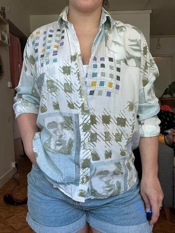 Chemise vintage blanc bleu clair kaki loose 36 38
