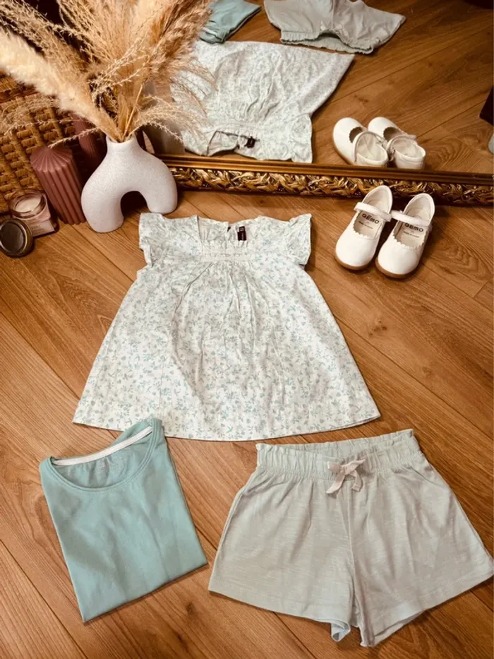 Taille 5 ans tenue 3 pièces fille multimarque vert menthe * fleurs oiseaux * 🌸