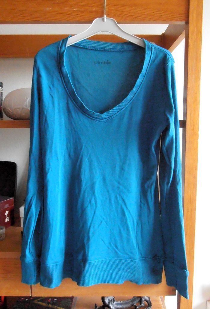 T-shirt bleu femme, Pimkie, taille S 36, manches longues, col V