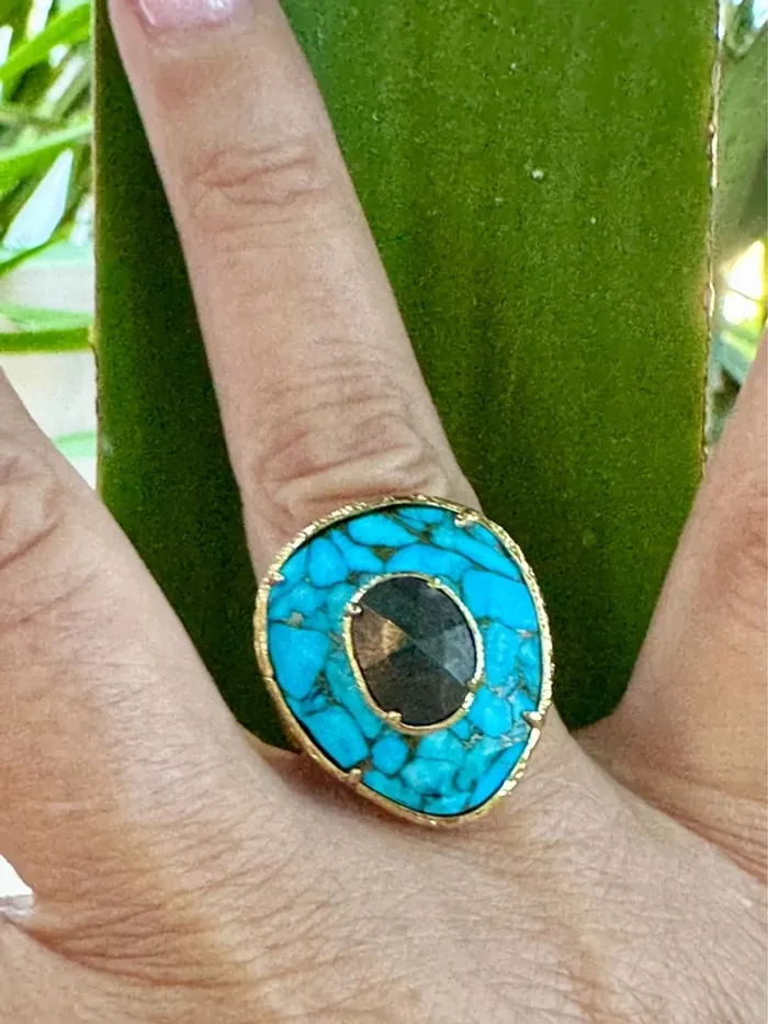 Grosse bague habaha Paris turquoise et obsidienne dorée véritables acier inoxydable or réglable - photo numéro 3