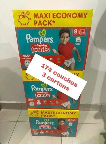 174 couches Pampers taille 8 pants+17kg lot de 3 cartons 