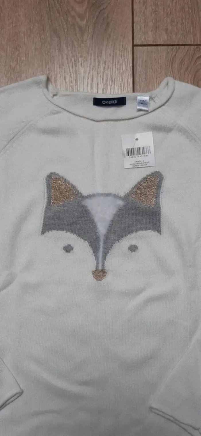 Pull okaidi blanc motif renard 10 ans neuf avec étiquette - photo numéro 2